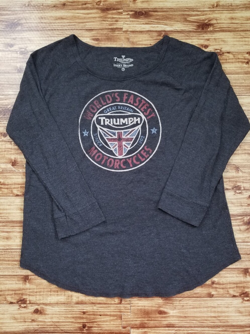 Lucky Brand Women's XL Triumph Motorcycles Charcoal Gray Long Sleeve Tee Thermal